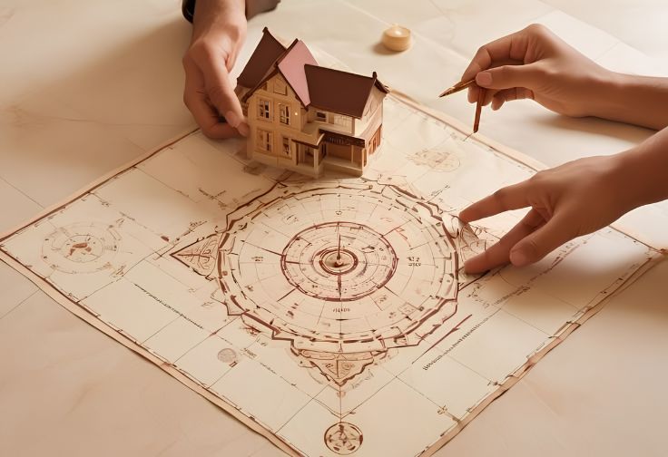 Vastu consultant reviewing new home construction plans on site