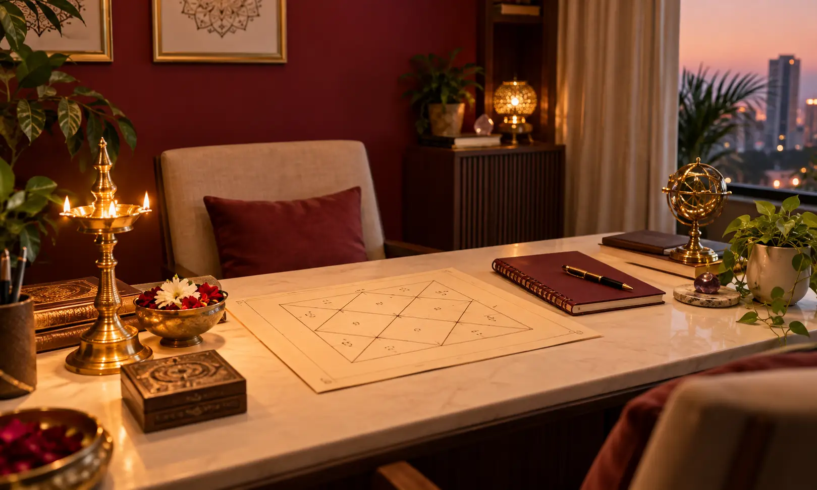 Astrologer in Greater Noida — birth chart and brass lamp on a consultation desk