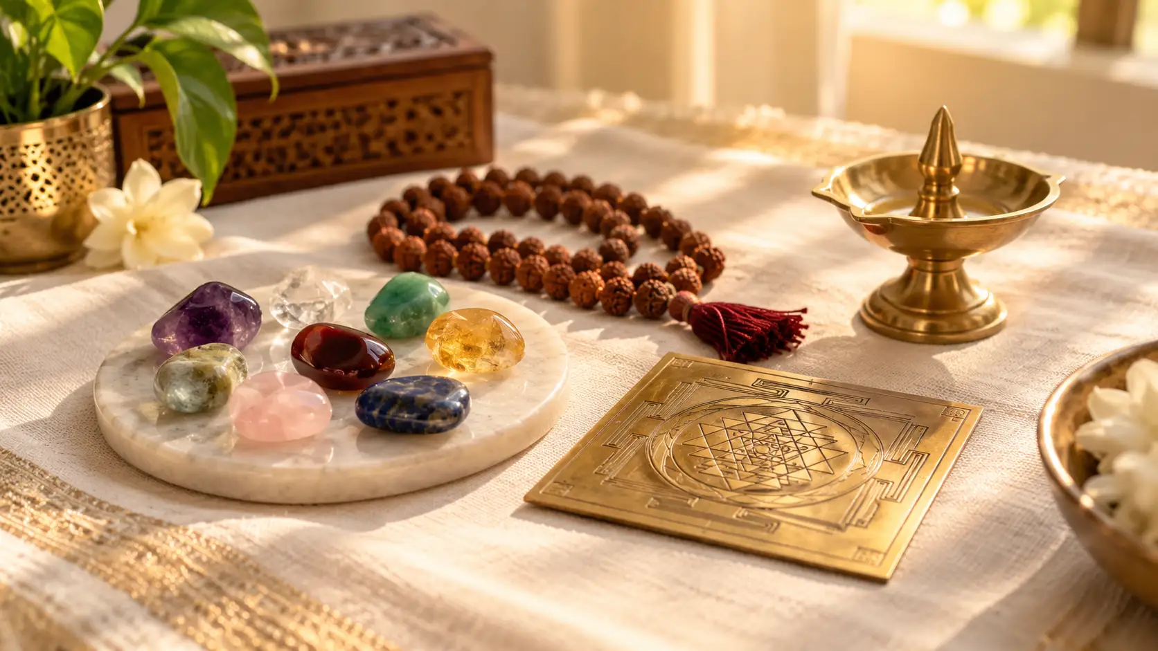 Astrological remedies — gemstones, rudraksha, yantra and a diya