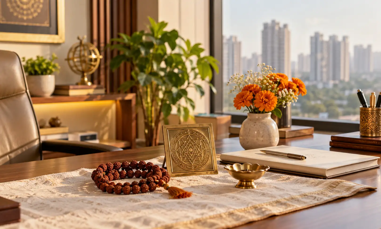 Astrology remedies in Greater Noida — consultation desk with rudraksha and yantra