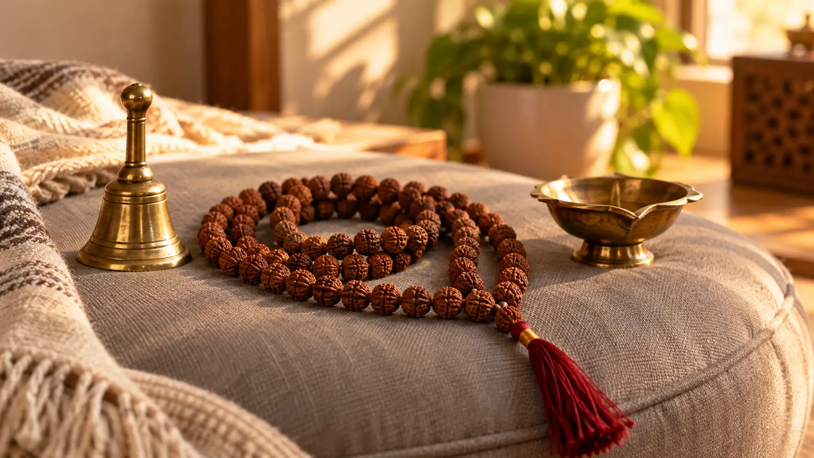 Beej mantra for planets — japa mala with a brass bell and diya