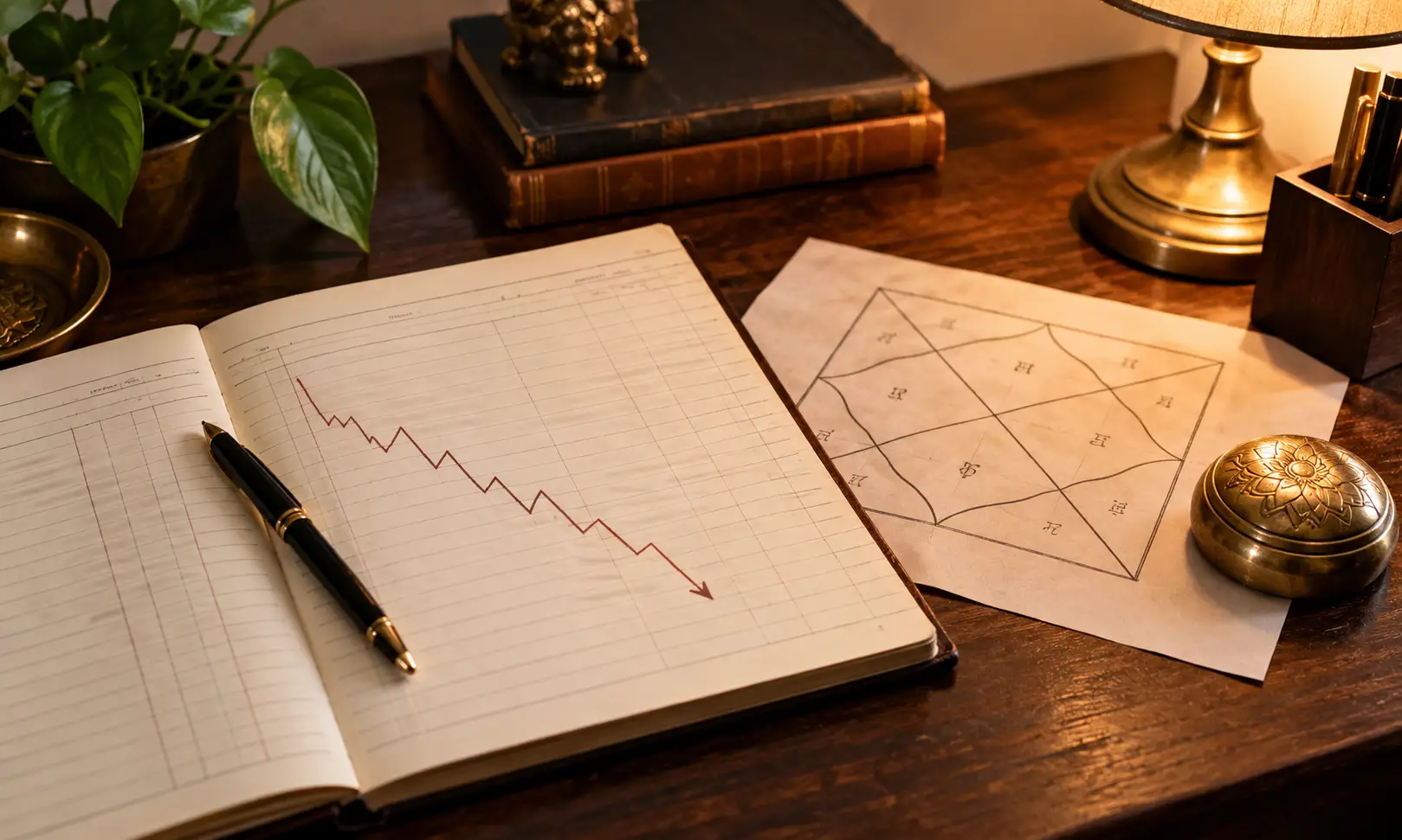 Business loss in kundli — ledger with a downward graph beside a chart