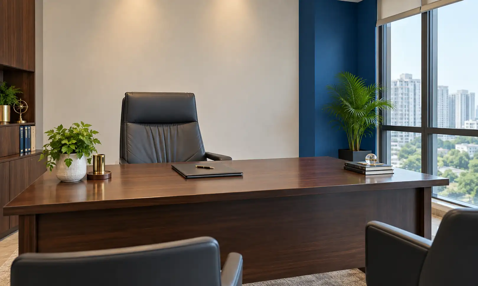 Business owner sitting direction as per Vastu — owner's chair with solid wall behind
