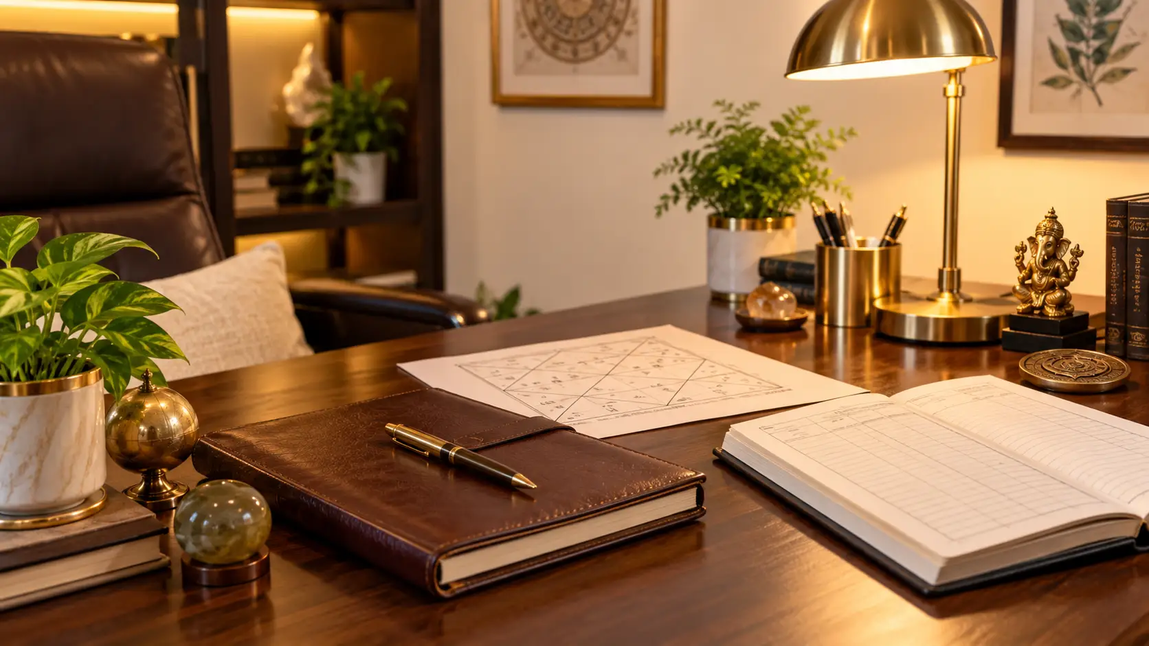 Business yoga in kundli — business owner desk with ledger and birth chart