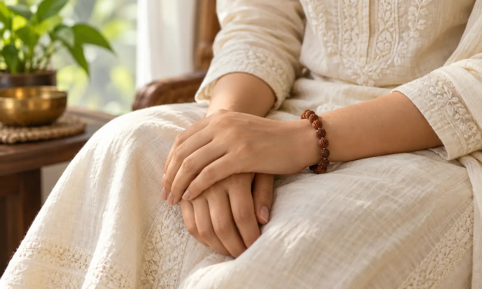 Can women wear rudraksha — a woman wearing a simple rudraksha bracelet