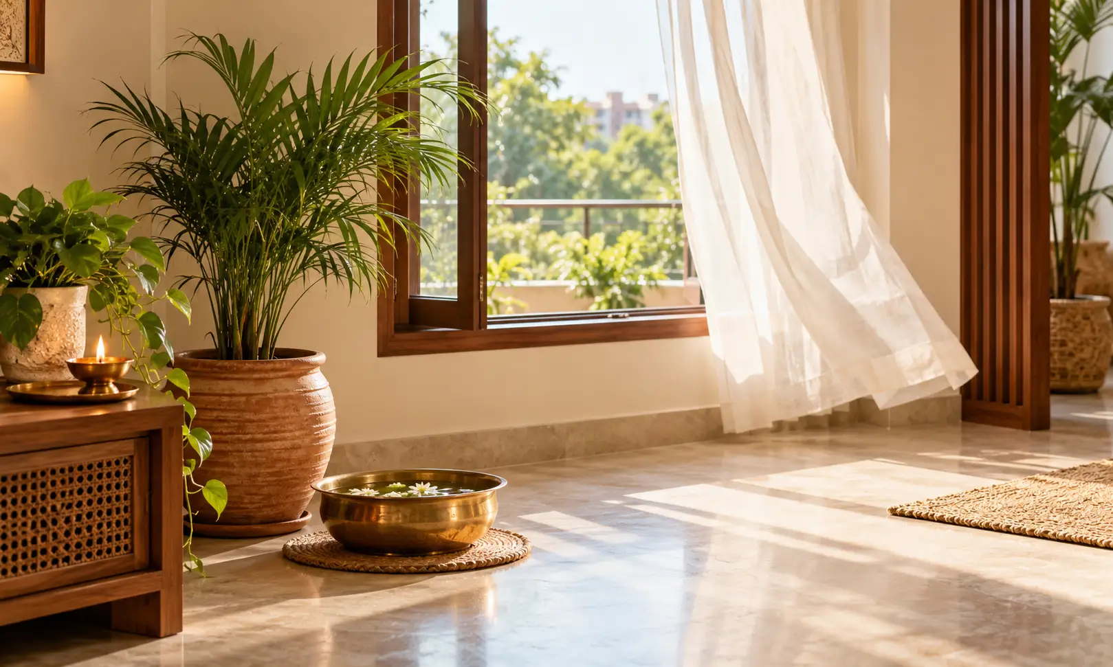 Five element balance in Vastu &mdash; earth, water, fire, air and space in a home interior