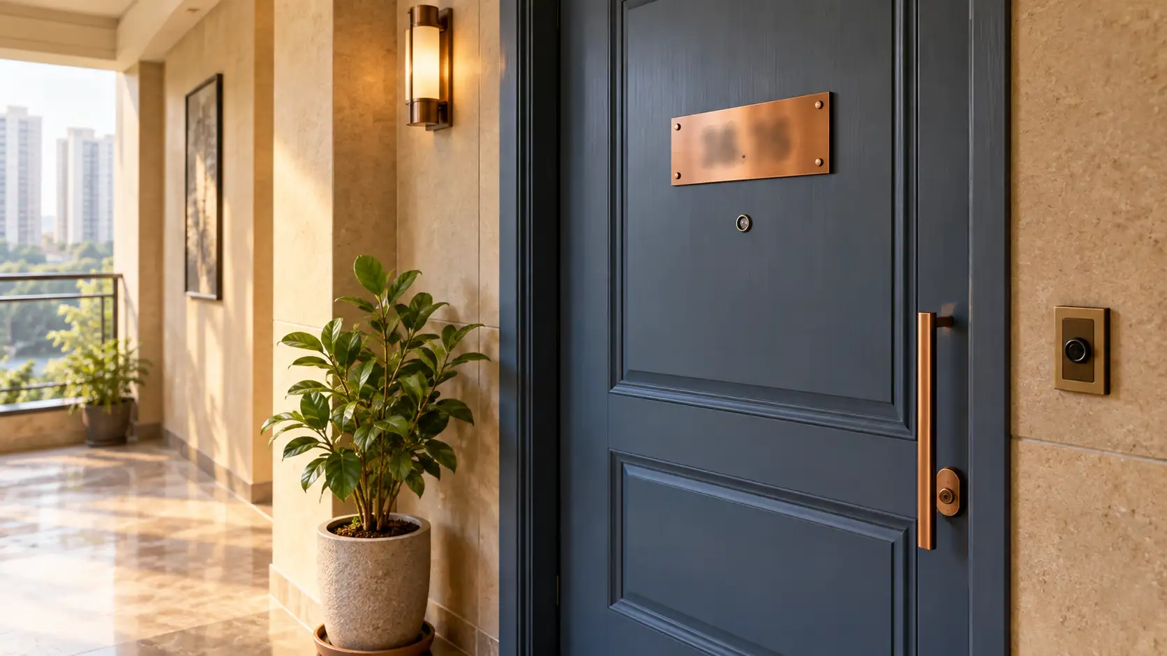 Flat number numerology — apartment door with a copper number plate