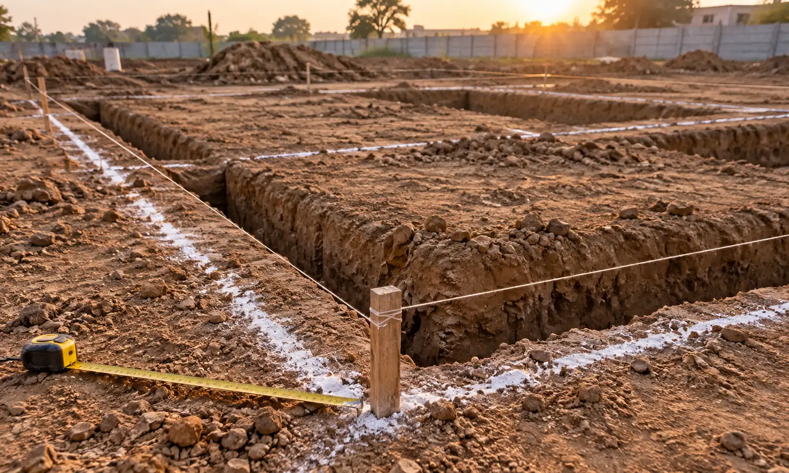 Foundation direction as per Vastu — marked excavation trenches on a residential plot