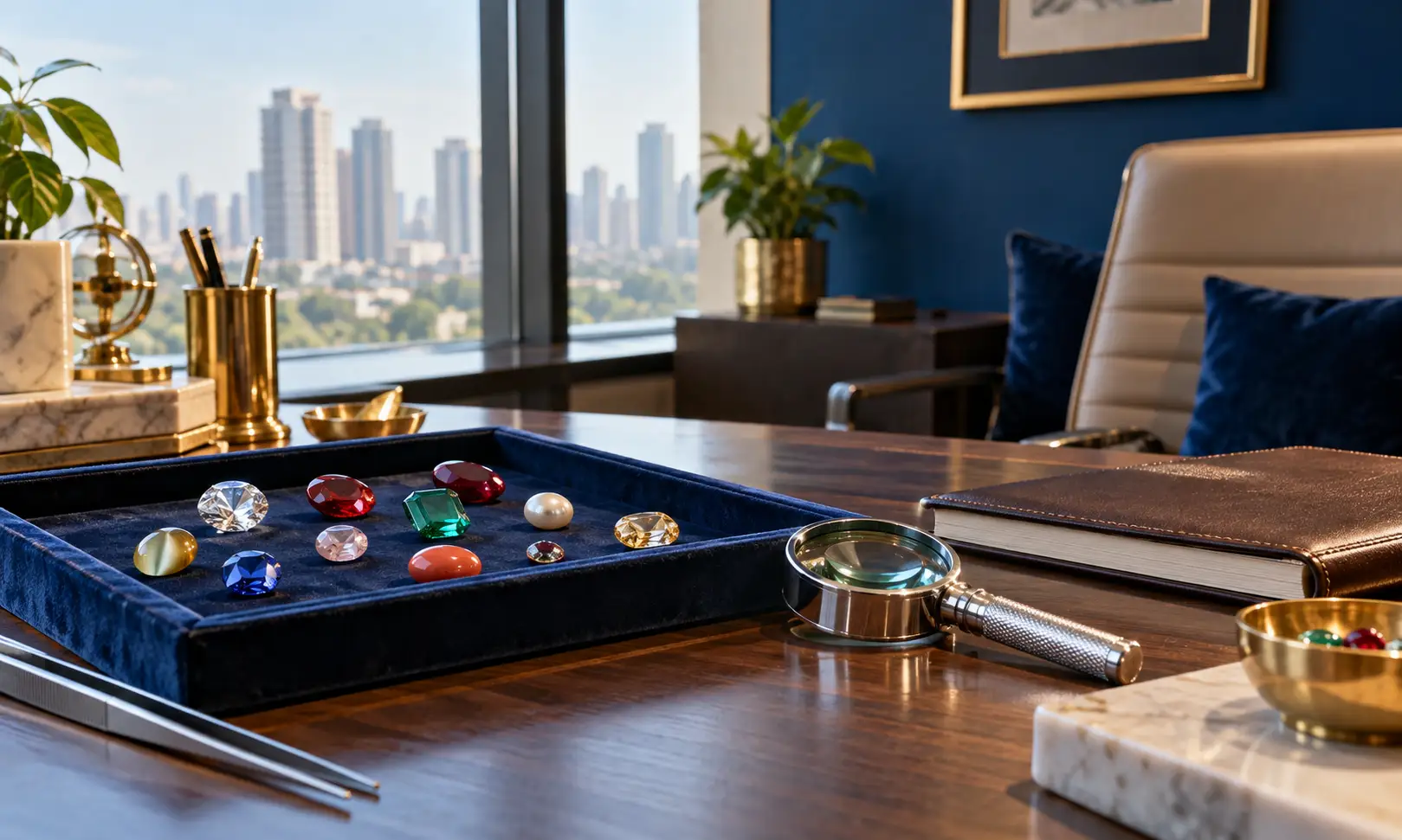 Gemstone astrologer in Greater Noida — consultation desk with a gemstone tray