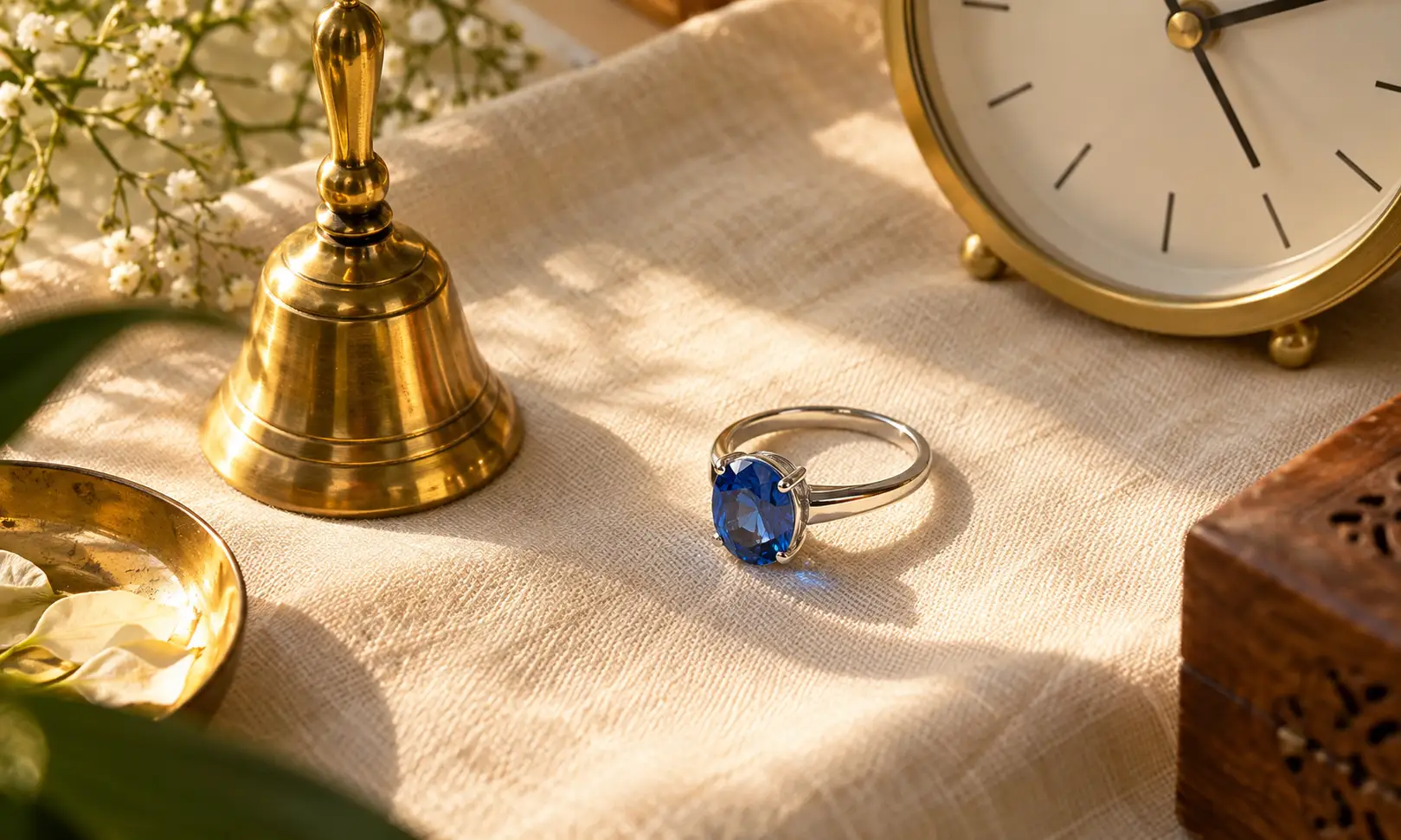 Gemstone wearing day and time — ring beside a brass bell and a clock