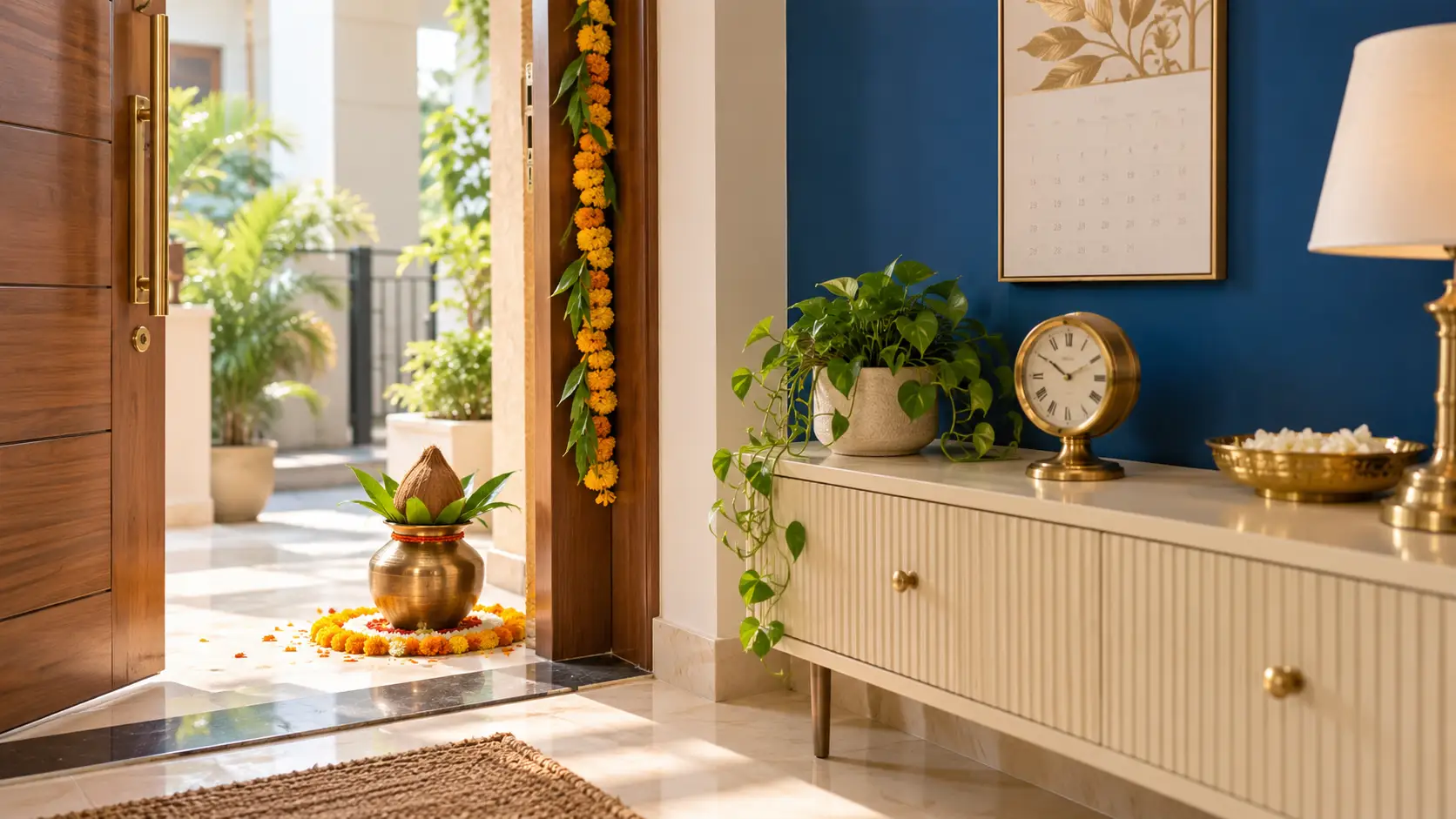 Griha pravesh muhurat rules — new home entrance with kalash, calendar and clock