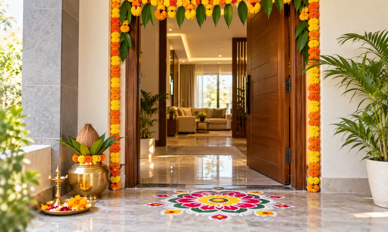 Griha pravesh pooja vidhi — decorated new home entrance with toran and rangoli
