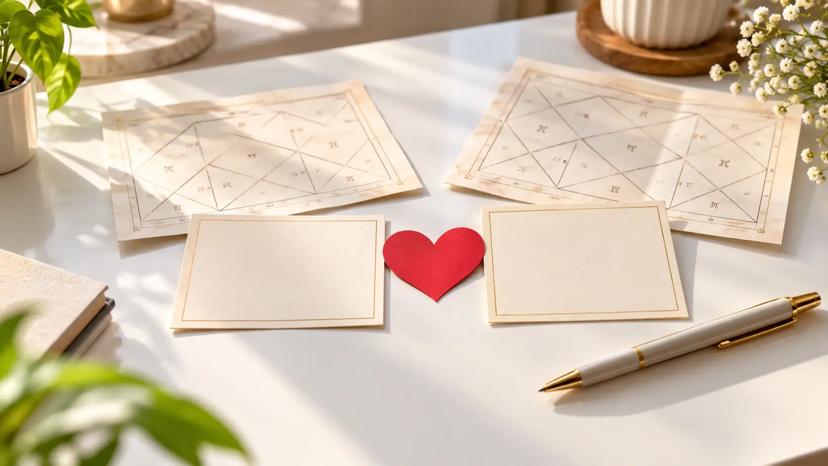 Heart match calculator — two cards with a paper heart between them