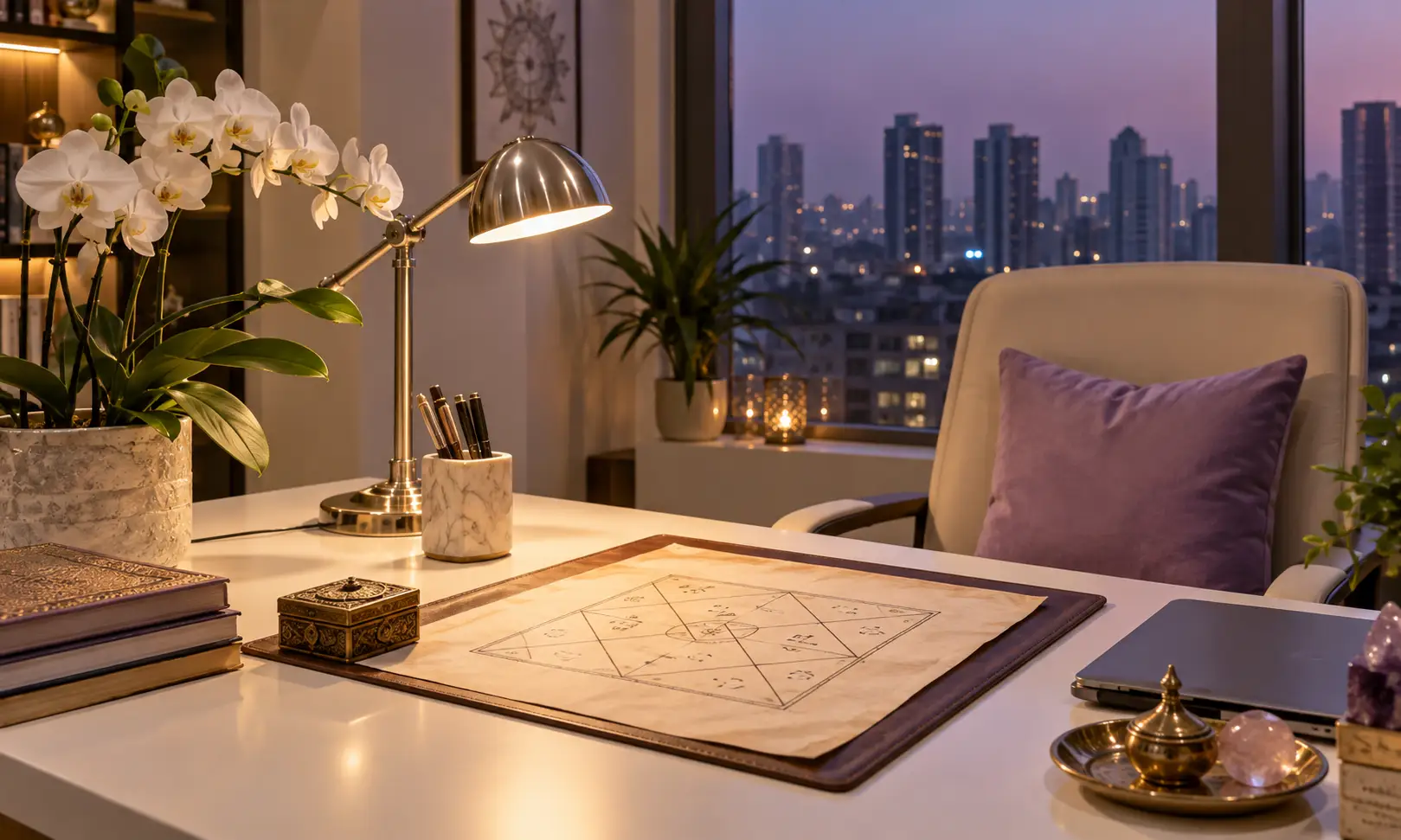 Horoscope reading in Greater Noida — consultation desk at dusk