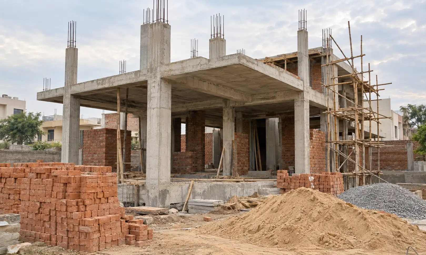 House construction Vastu step by step — independent house structure at an early stage