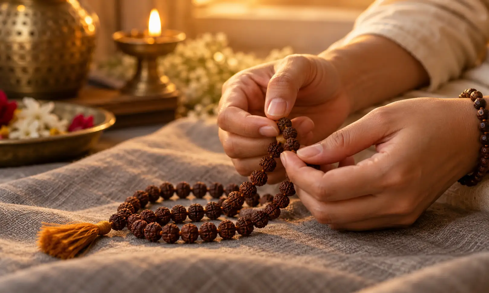 How many times to chant mantra — hands counting beads on a japa mala