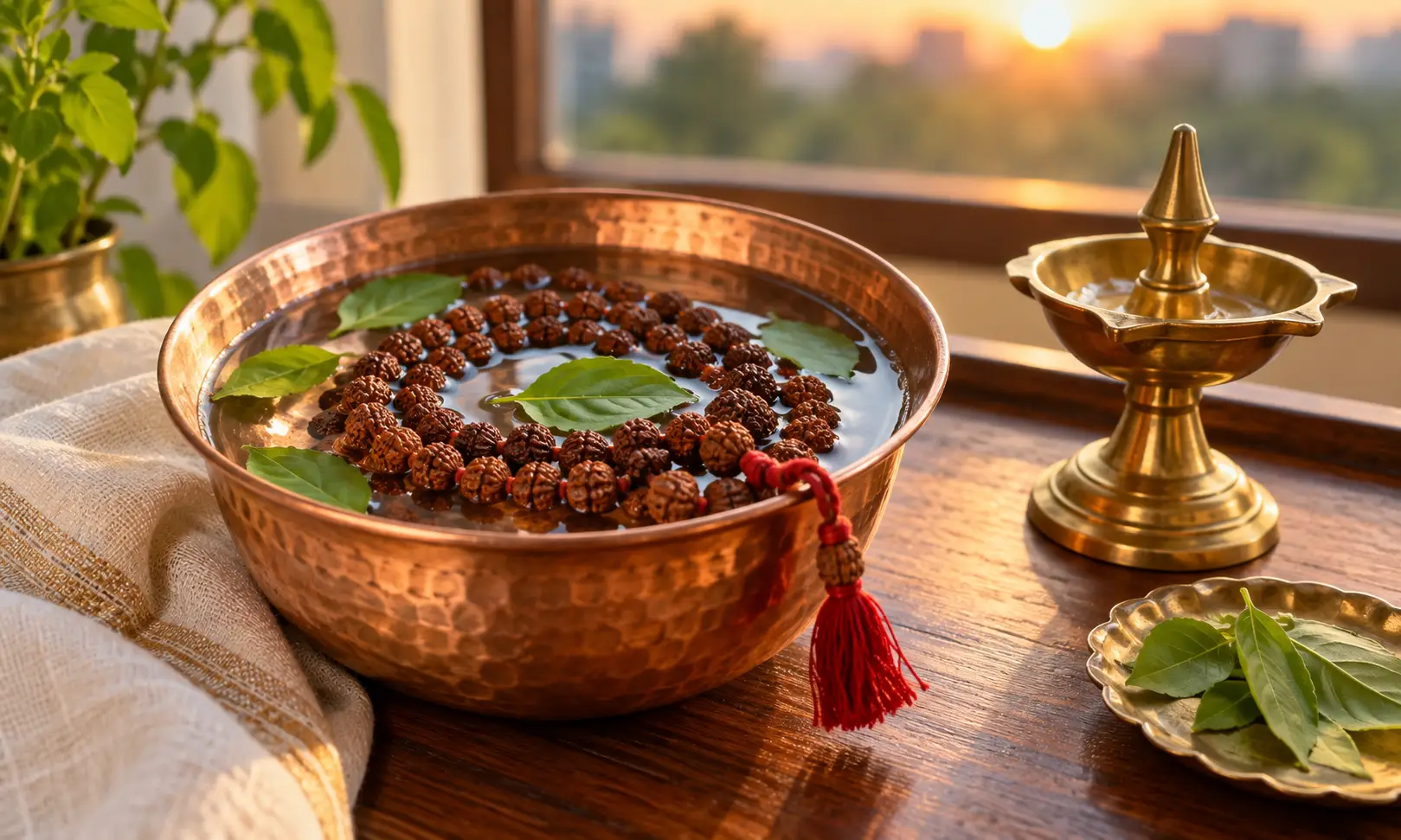 How to energize rudraksha at home — rudraksha mala in a copper bowl with tulsi leaves