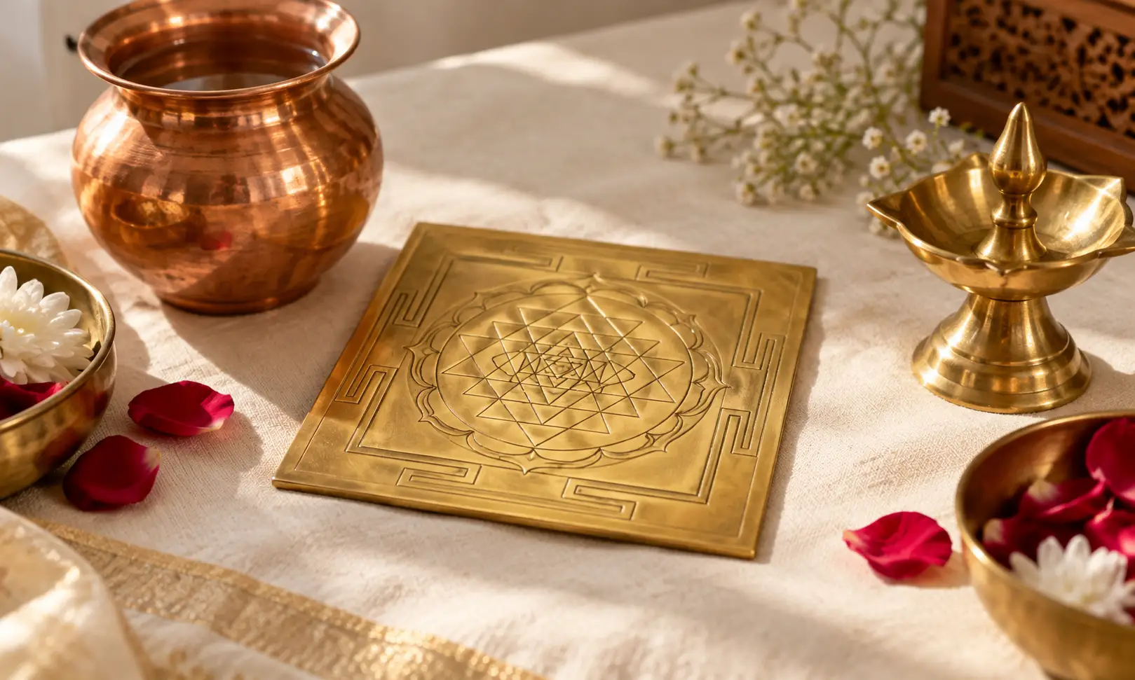 How to energize yantra at home — brass yantra with copper vessel and diya
