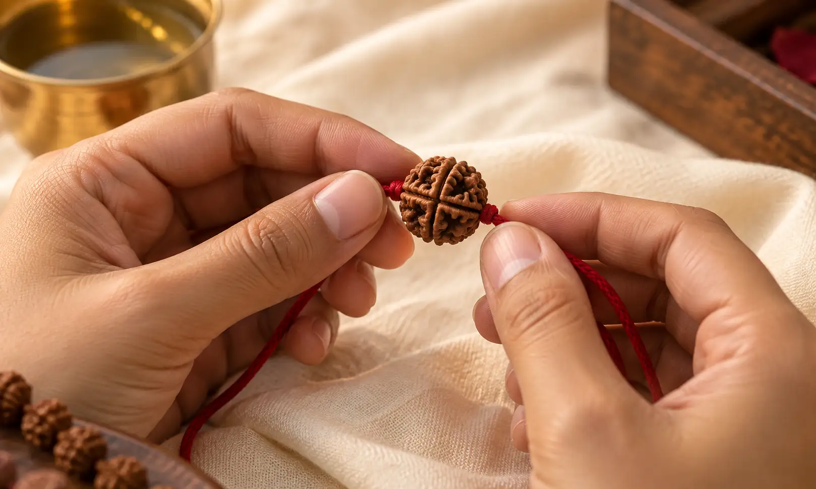 How to wear rudraksha first time — hands holding a single rudraksha bead on a red thread
