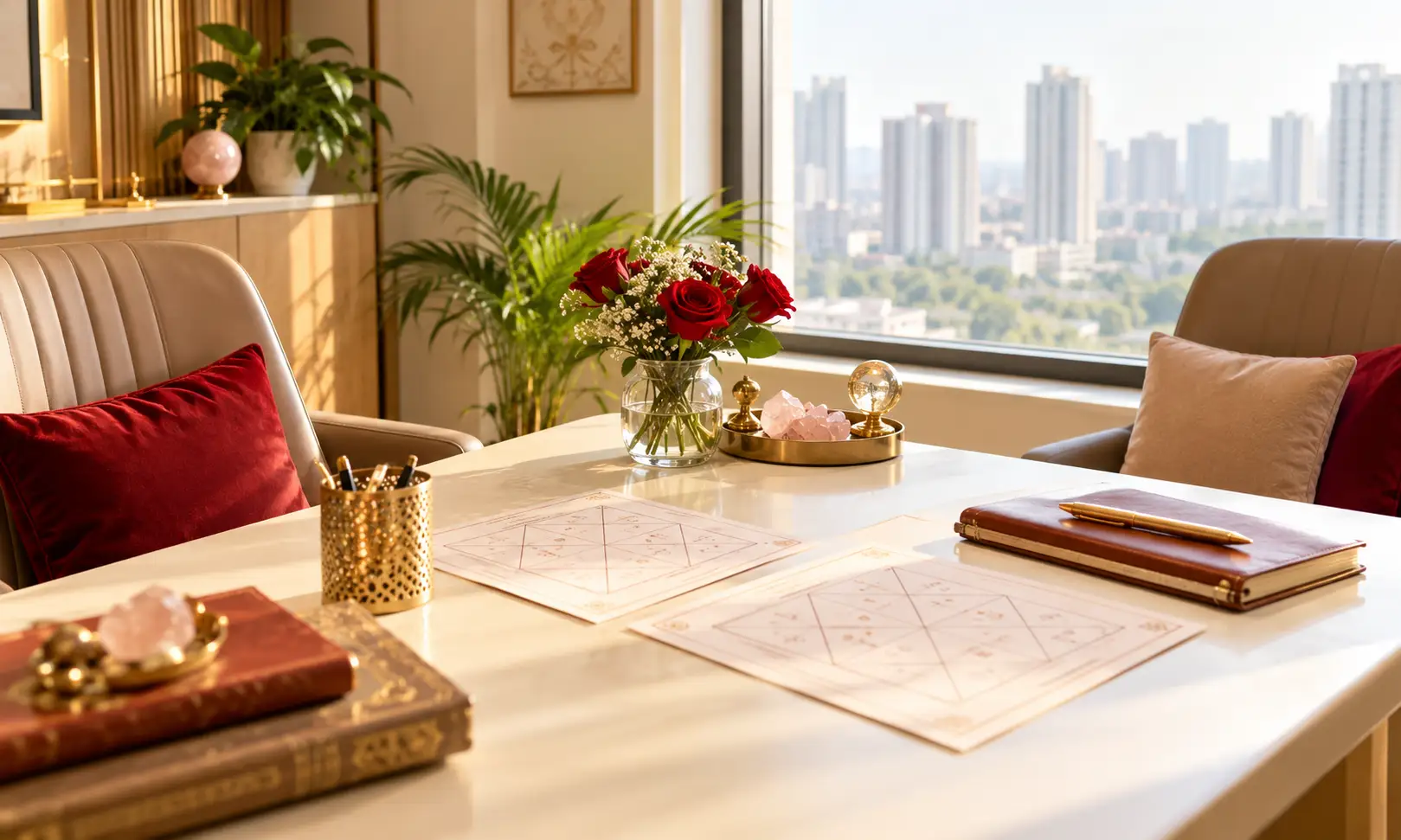 Love astrologer in Greater Noida — welcoming consultation desk with two charts