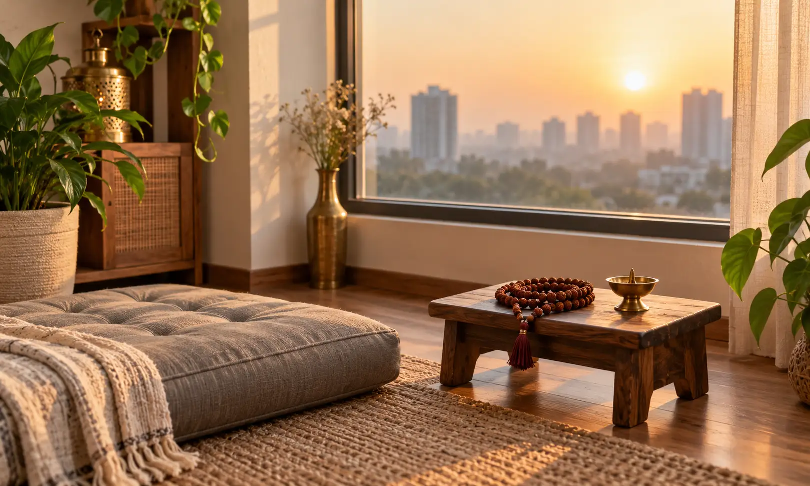 Mantra chanting rules — a simple meditation corner at sunrise