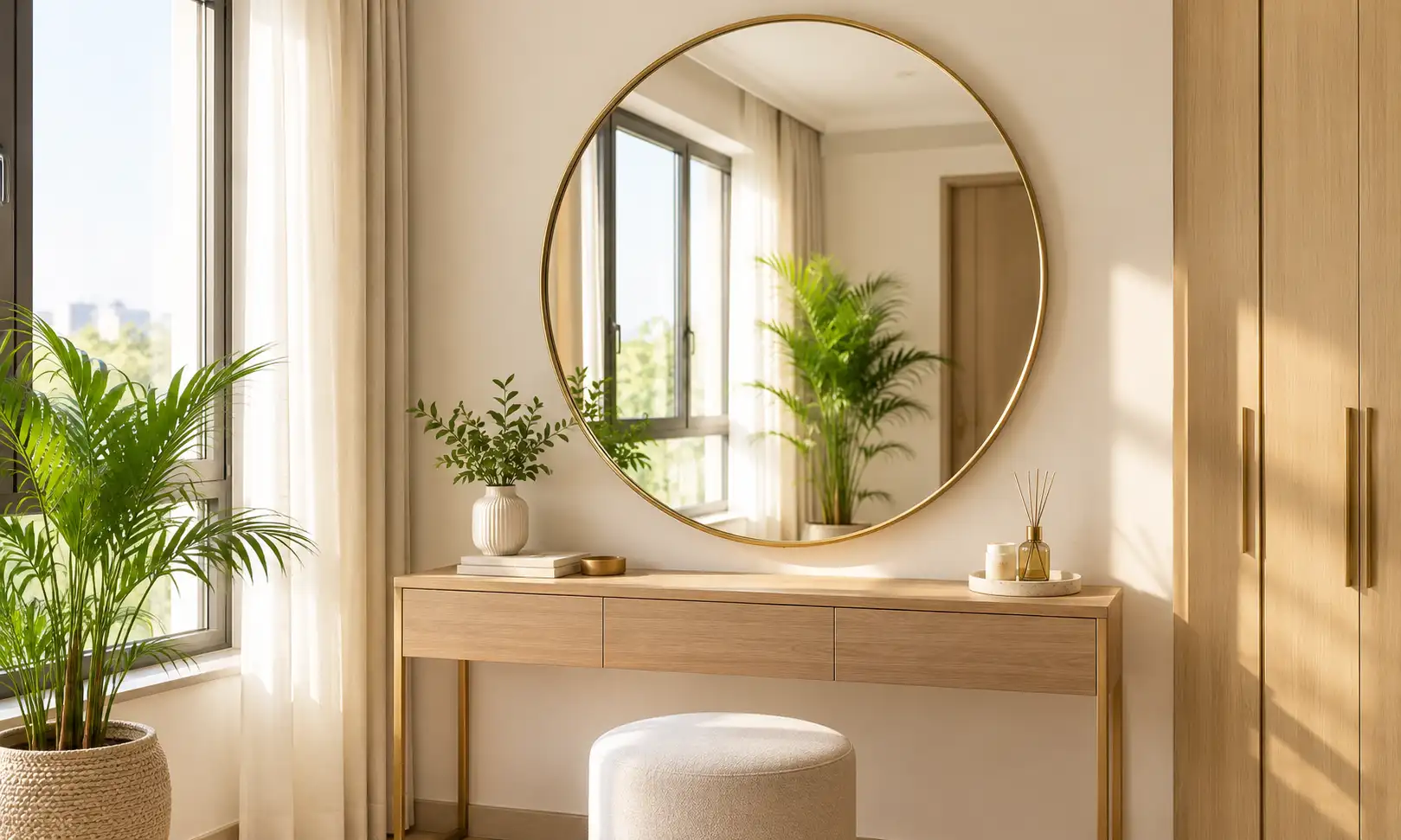 Mirror placement as per Vastu — round mirror reflecting a window and plant