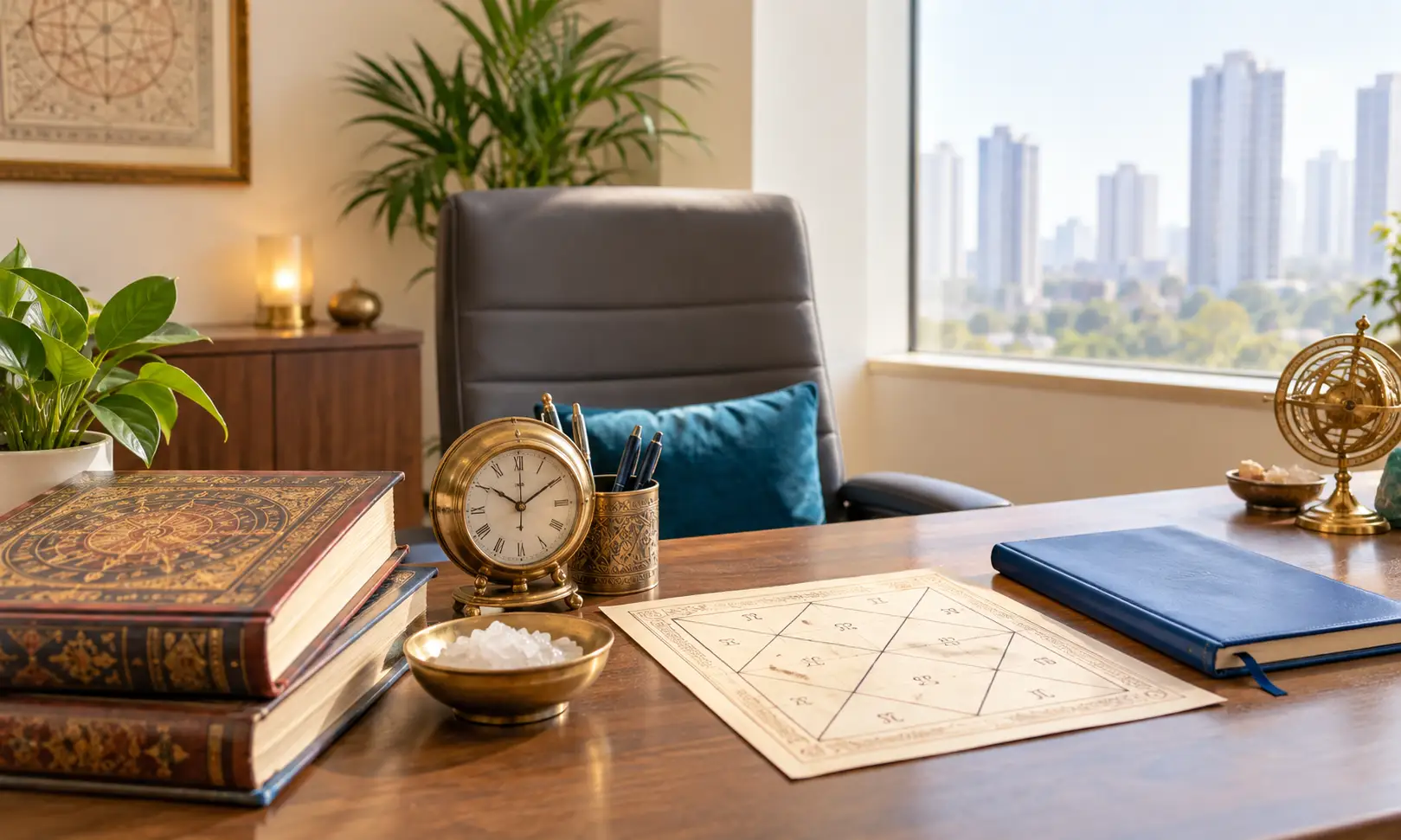 Muhurat astrologer in Greater Noida — consultation desk with almanac and clock