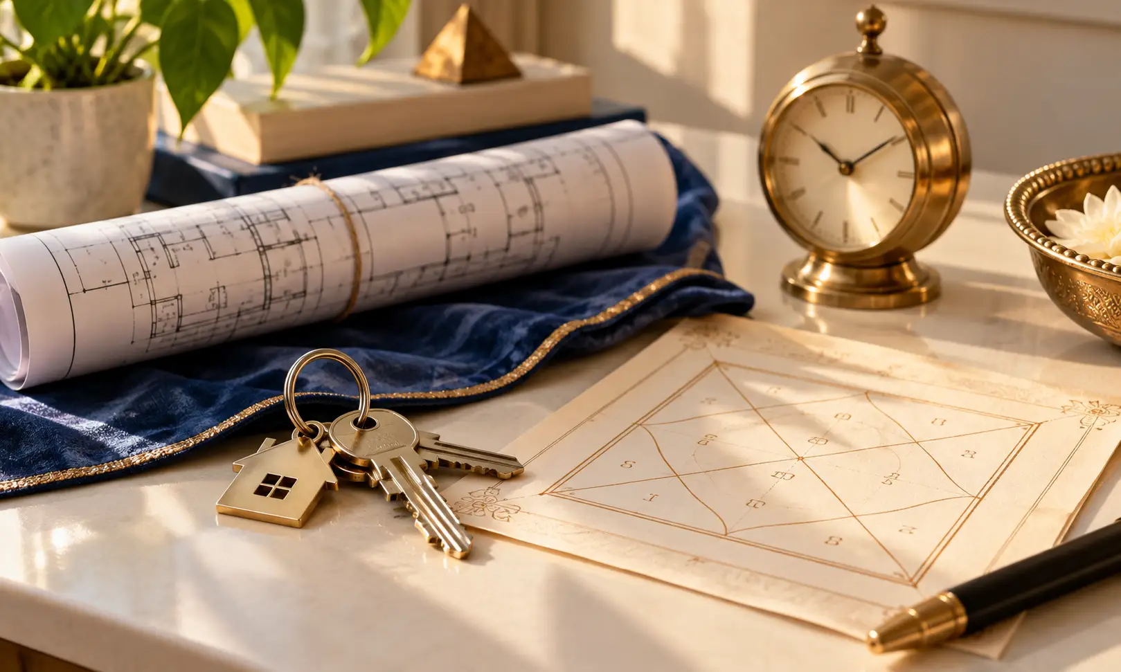Muhurat for buying property — house keys and property papers with a brass clock