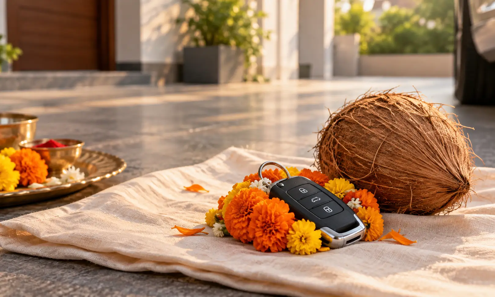 Muhurat for vehicle purchase — car key with a marigold garland and coconut