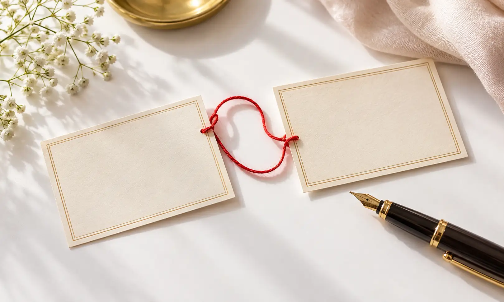 Name compatibility test for couples — two name cards linked with a red thread