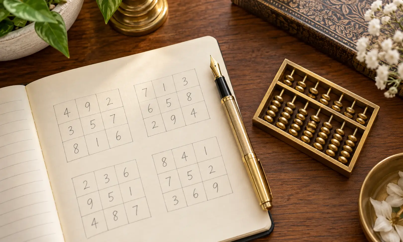 Numerology consultation — handwritten number chart with a gold pen