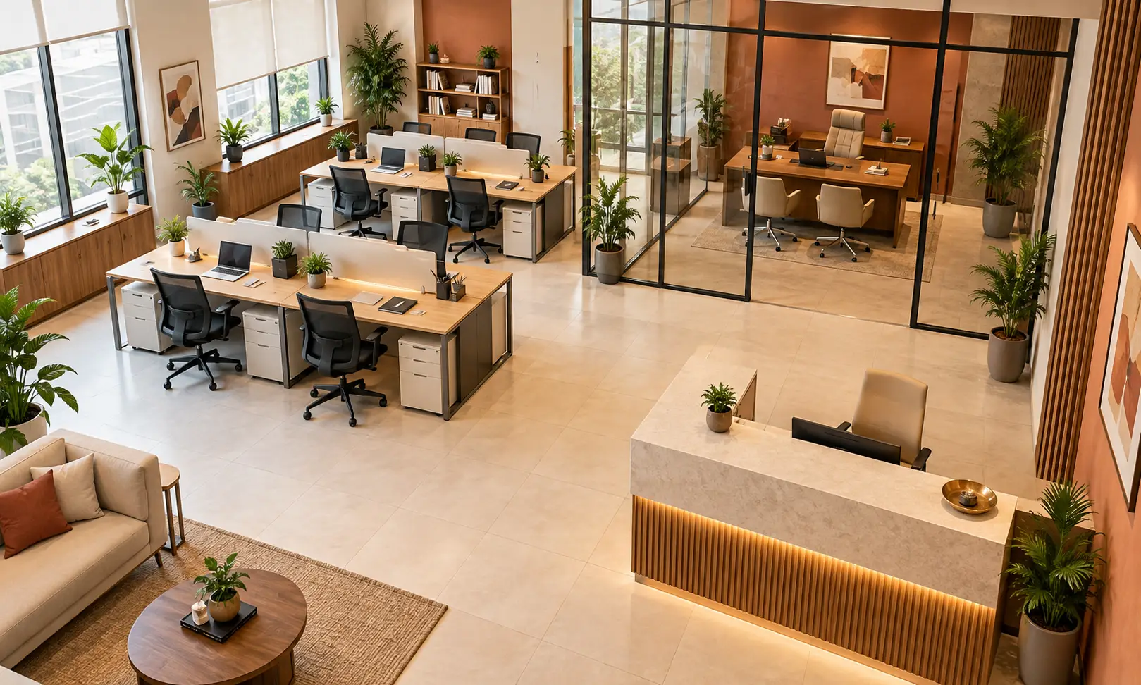 Office Vastu zone layout showing ideal desk direction and director cabin placement