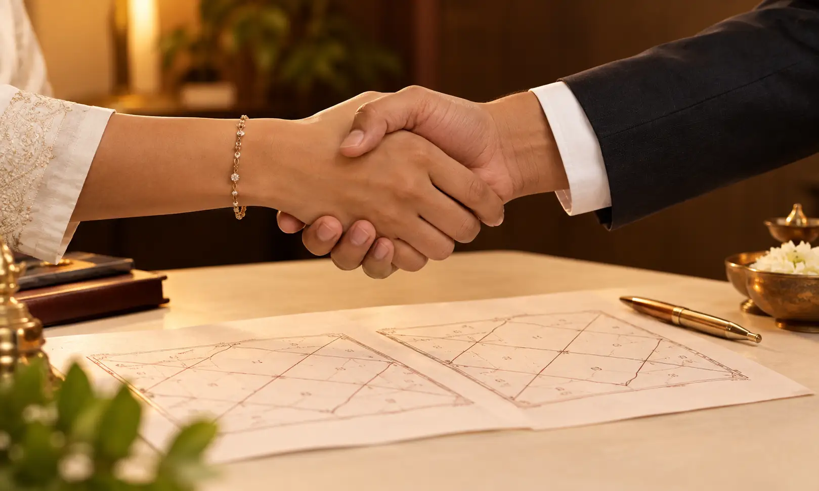 Partnership business astrology — handshake over two birth charts