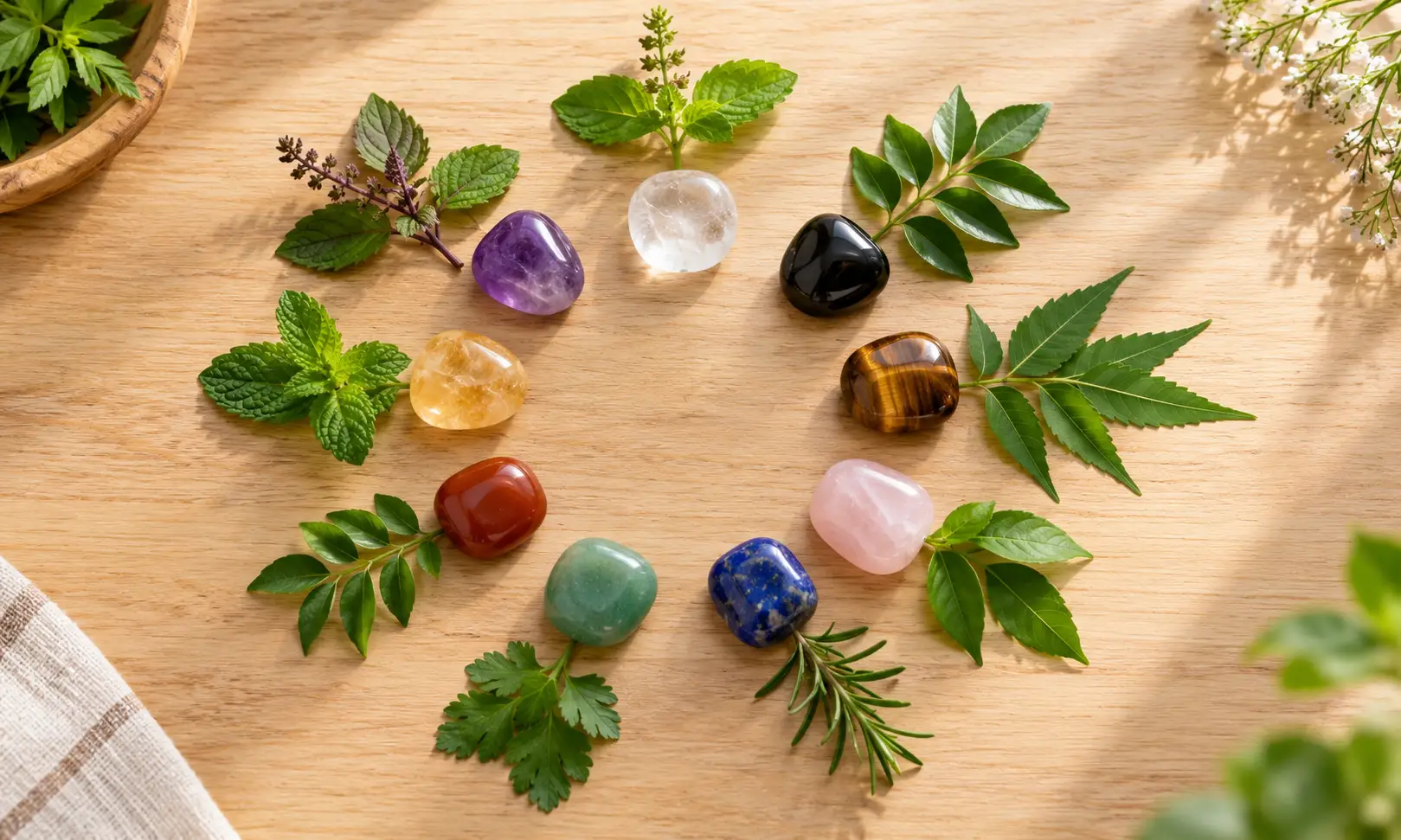 Planets responsible for health problems — nine stones with fresh herbs