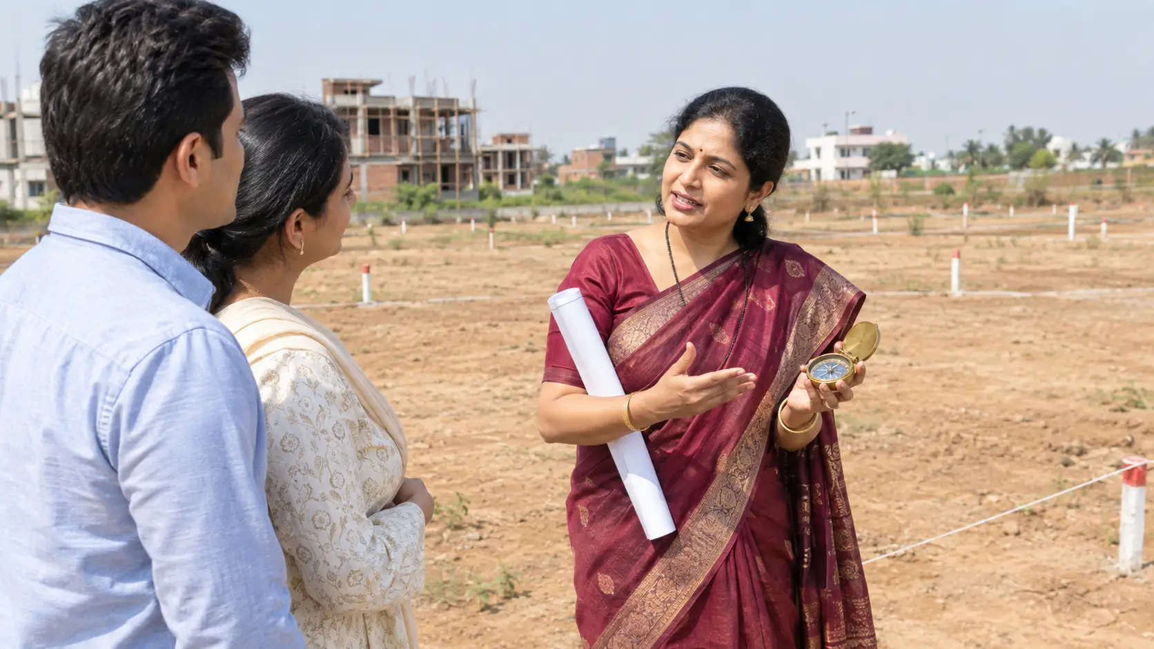 Plot Vastu consultant in Greater Noida taking a compass reading on an open plot