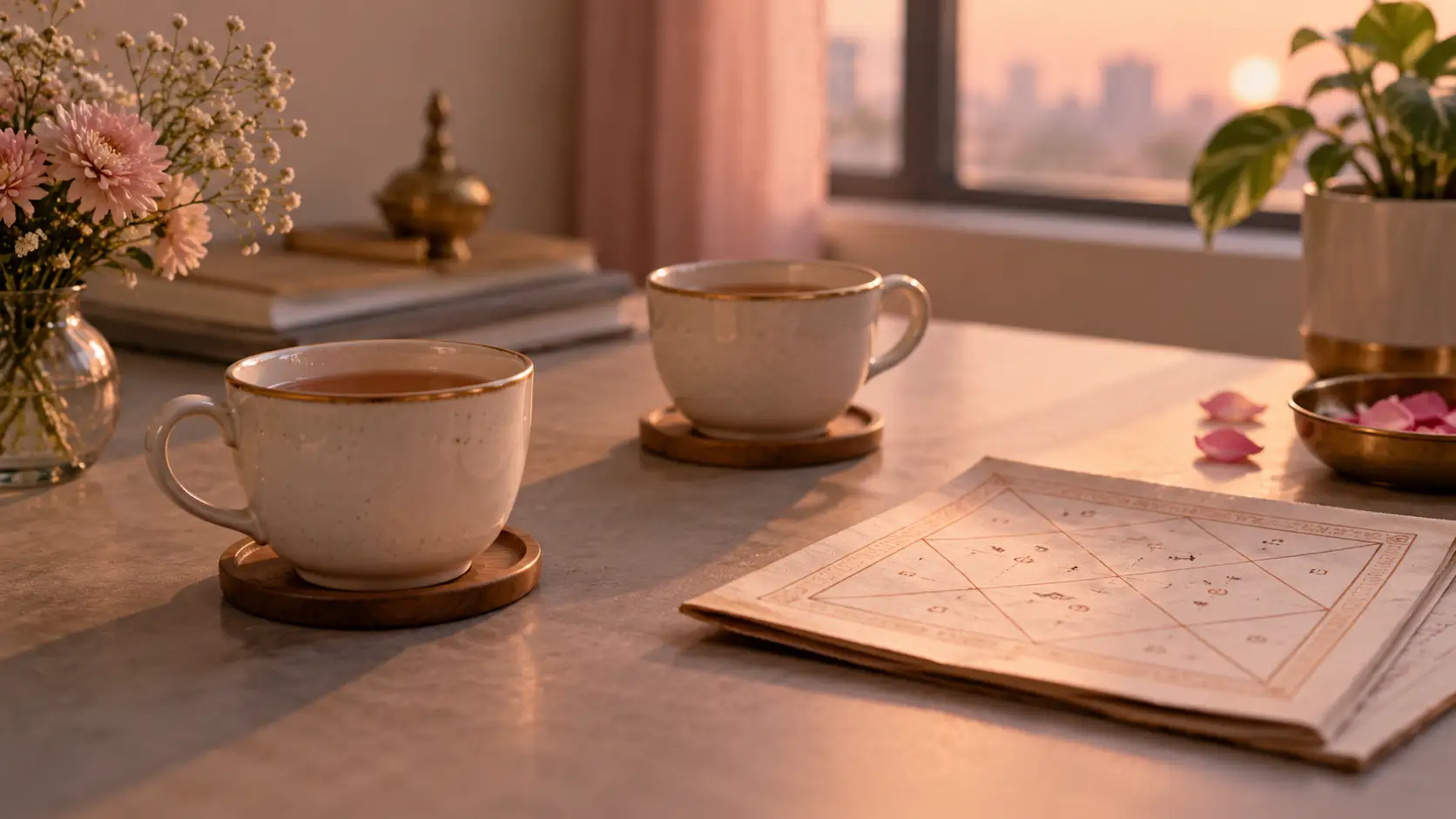 Relationship problems in kundli — two teacups on a table with a birth chart