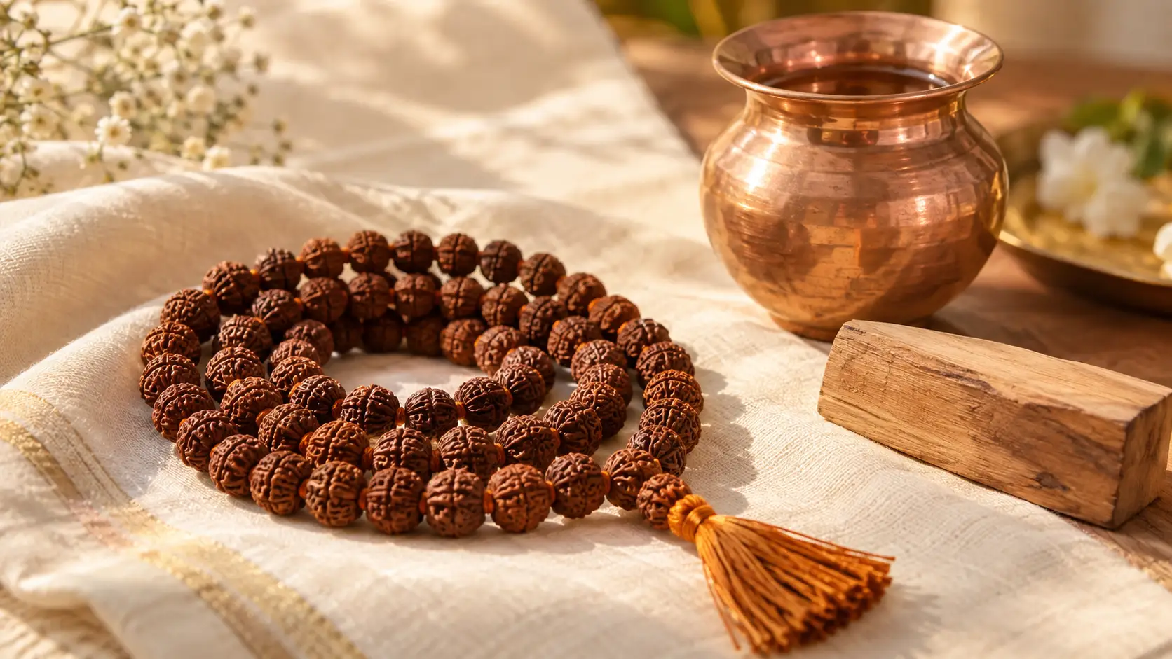Rudraksha wearing rules — rudraksha mala on a cream cloth with a copper vessel