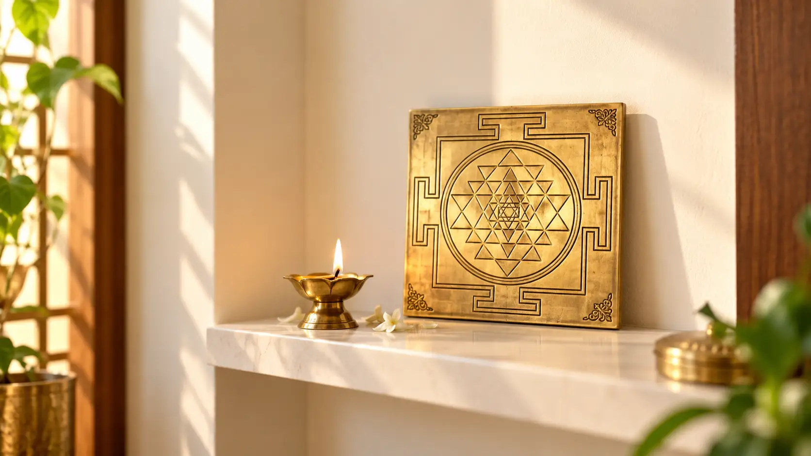 Shree yantra placement direction — engraved brass yantra plate on an ivory wall shelf