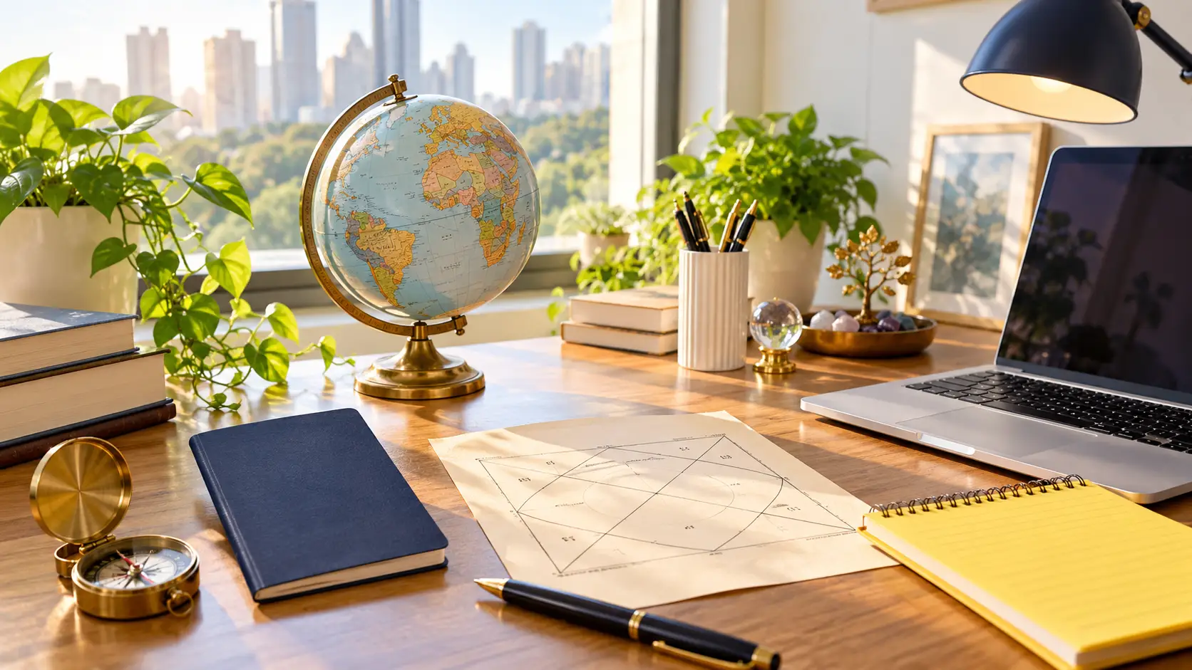 Study abroad yoga in kundli — student desk with a globe and birth chart
