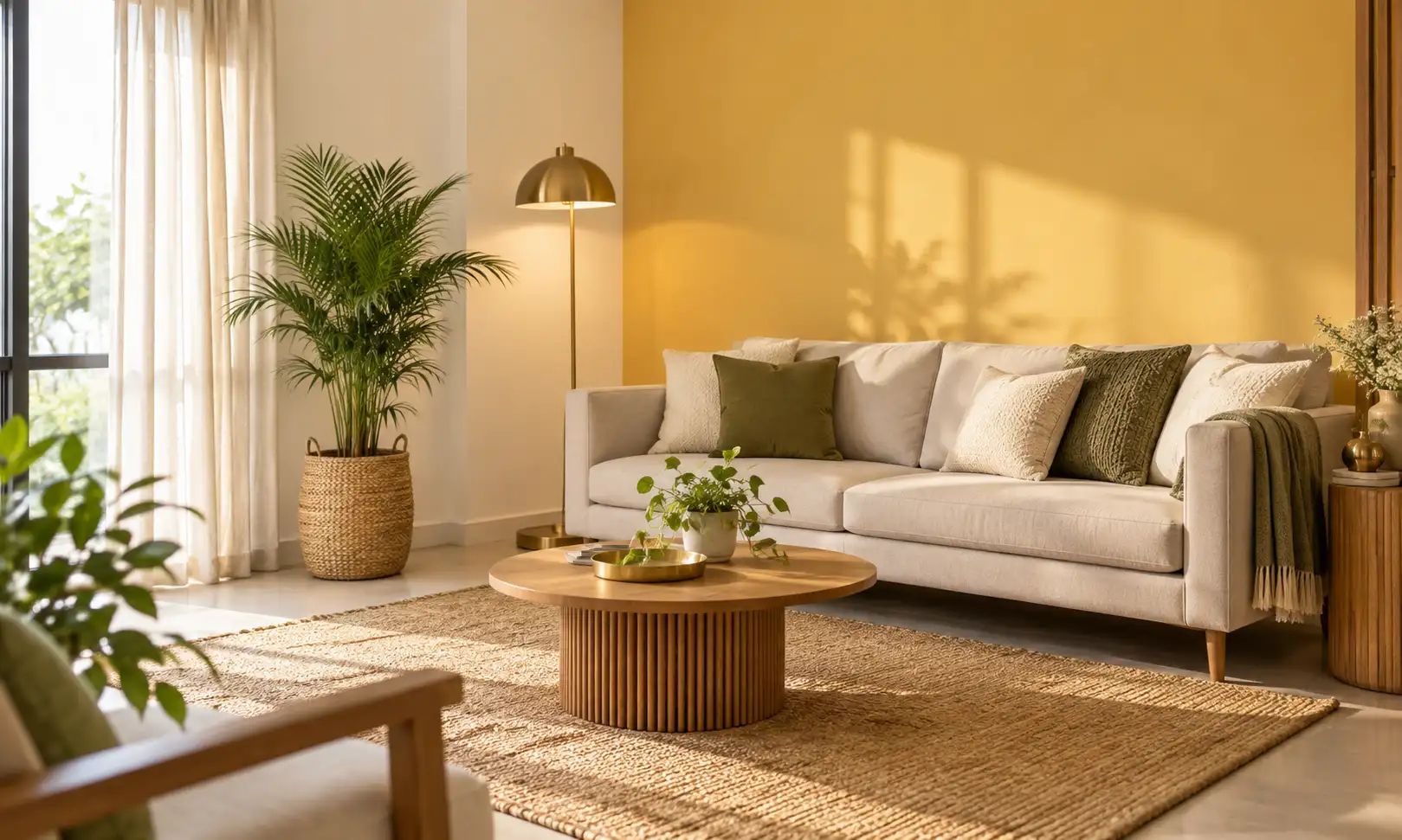 Vastu colours for home interior — living room with a soft muted yellow accent wall