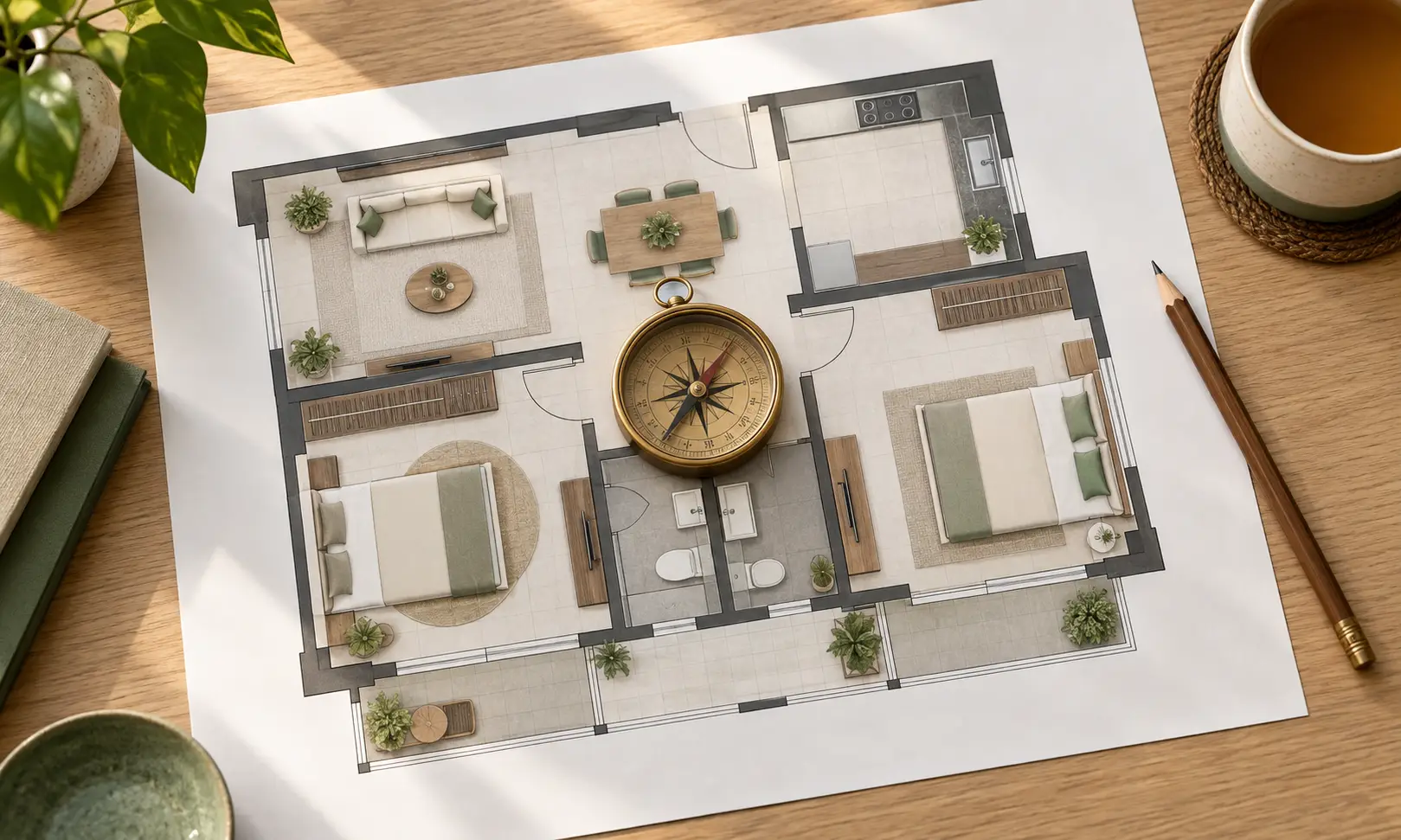 Vastu for 2BHK flat — floor plan with compass marking directions