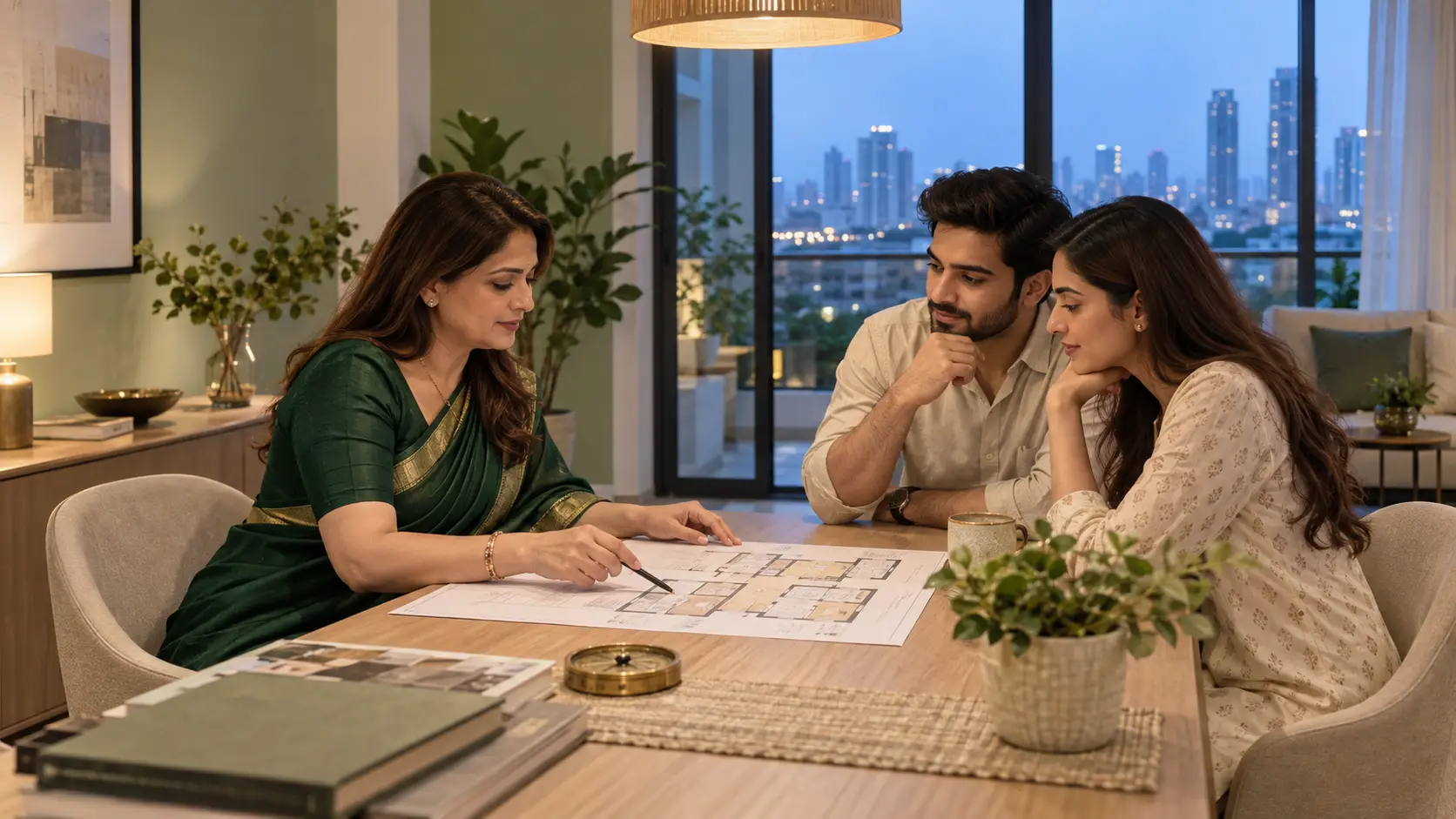 Vastu for flats and apartments — consultant reviewing a floor plan in a modern apartment