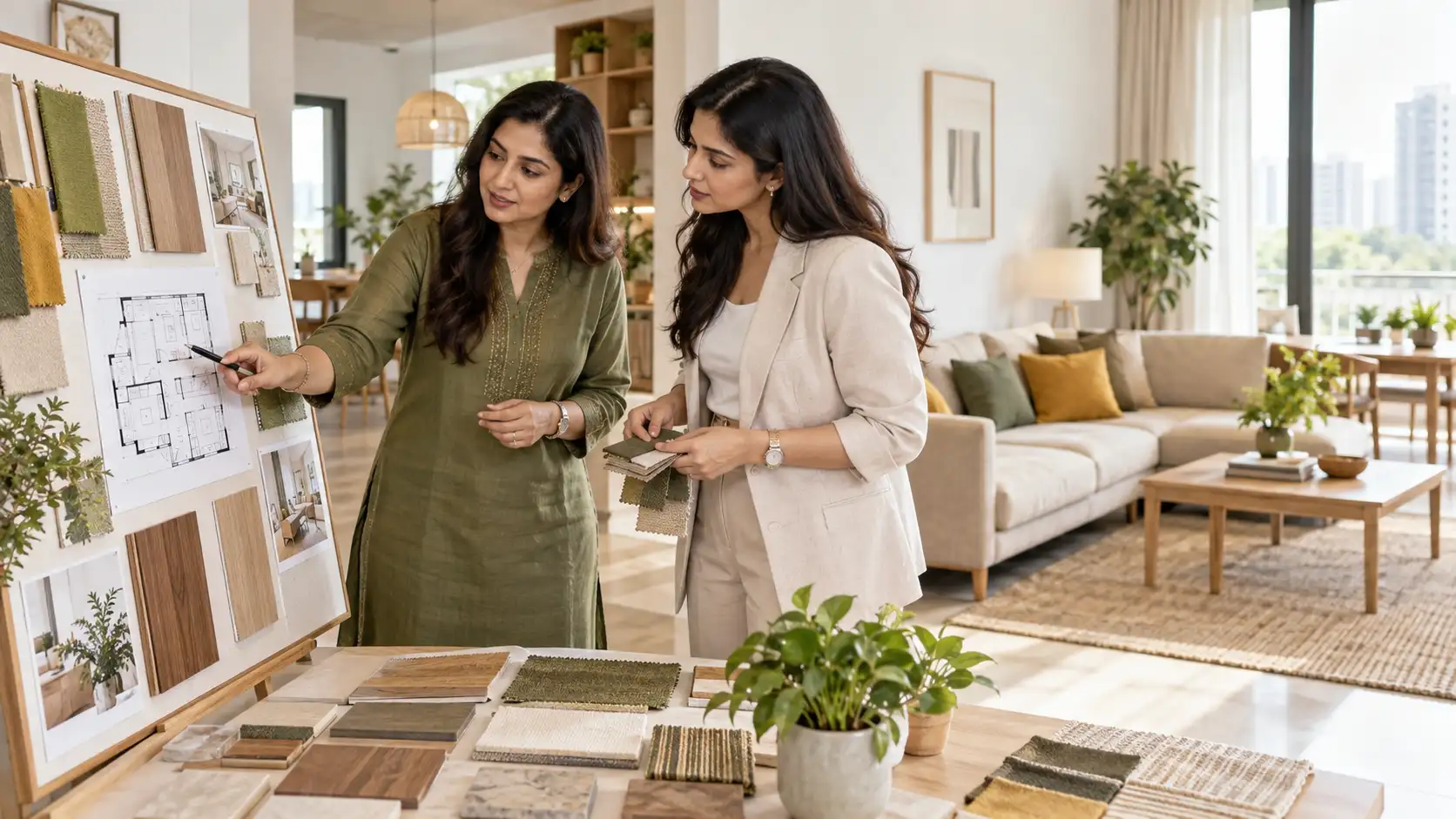 Vastu for interior design — consultant and interior designer reviewing a mood board