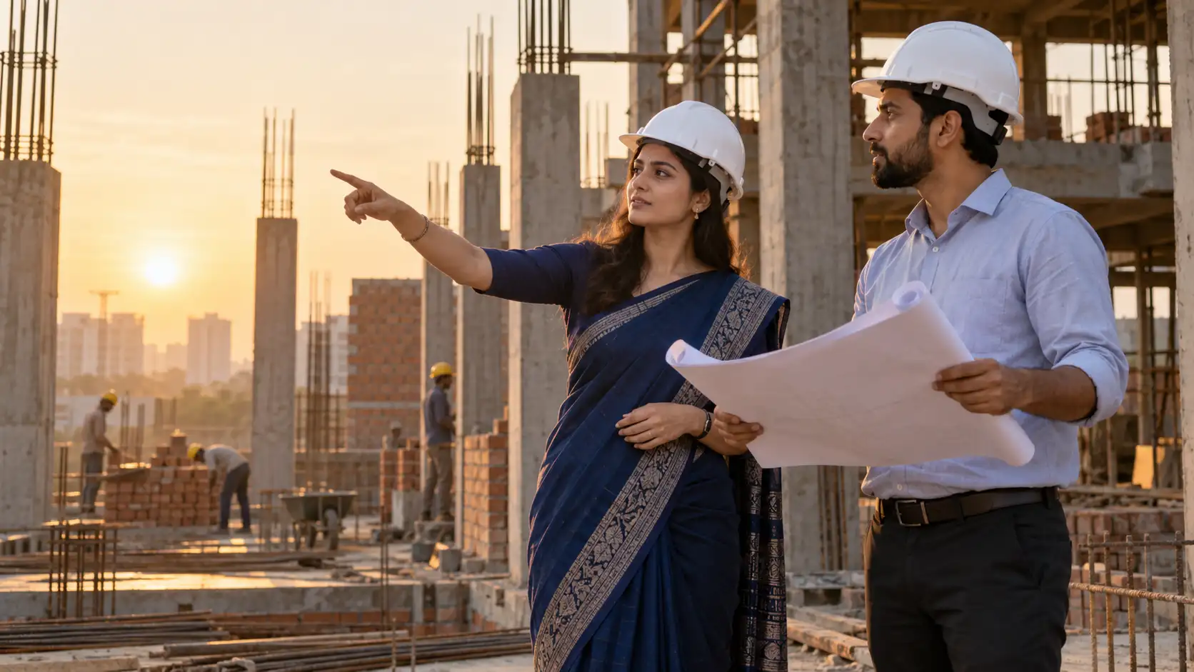 Vastu for new house construction — consultant and architect reviewing drawings on site