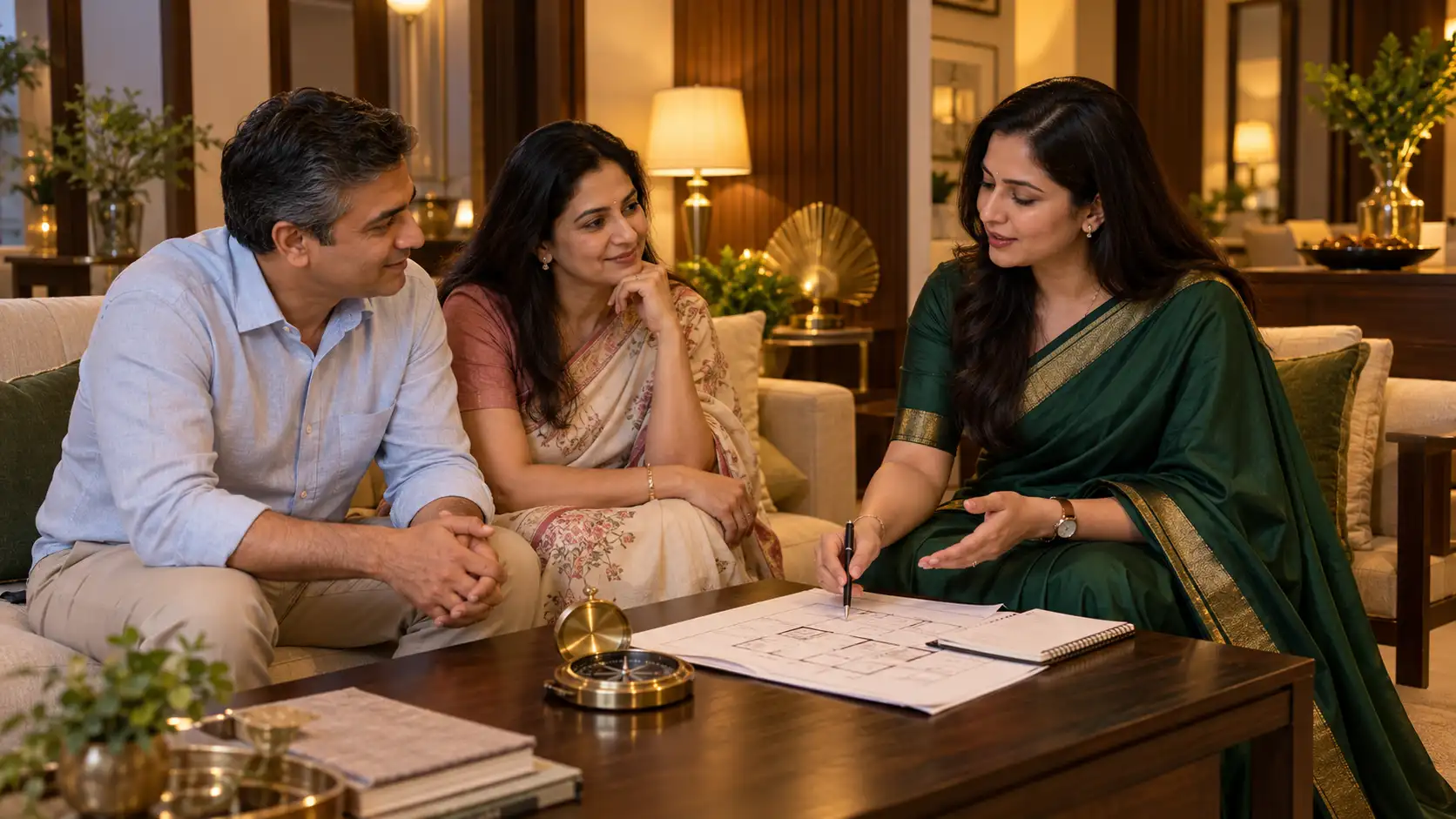 Vastu tips for money — consultant advising a family in a lamp-lit living room