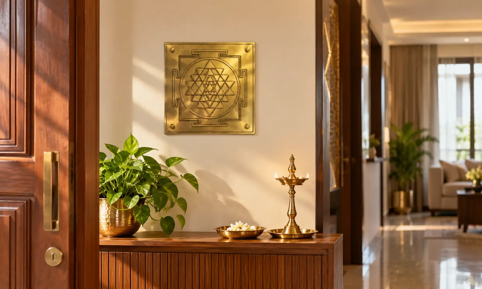 Vastu yantra installation in Greater Noida — brass yantra on a clean entrance wall
