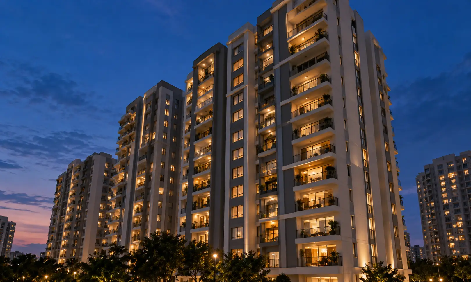 Which floor is good for flat as per Vastu — apartment towers at dusk with lit windows