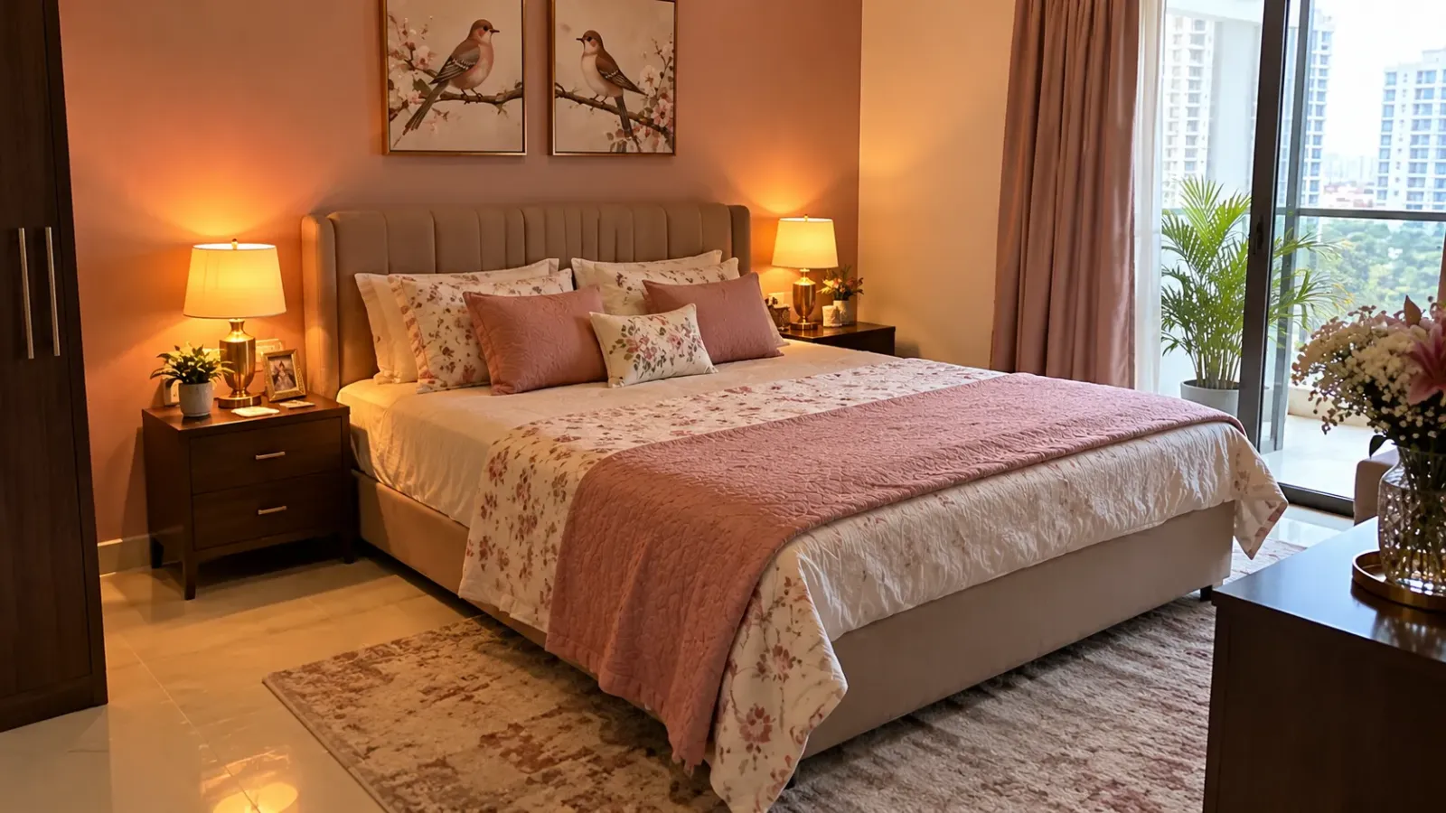 Bedroom direction for newly married couple — soft rose-toned bedroom with a pair of birds artwork and warm lamps
