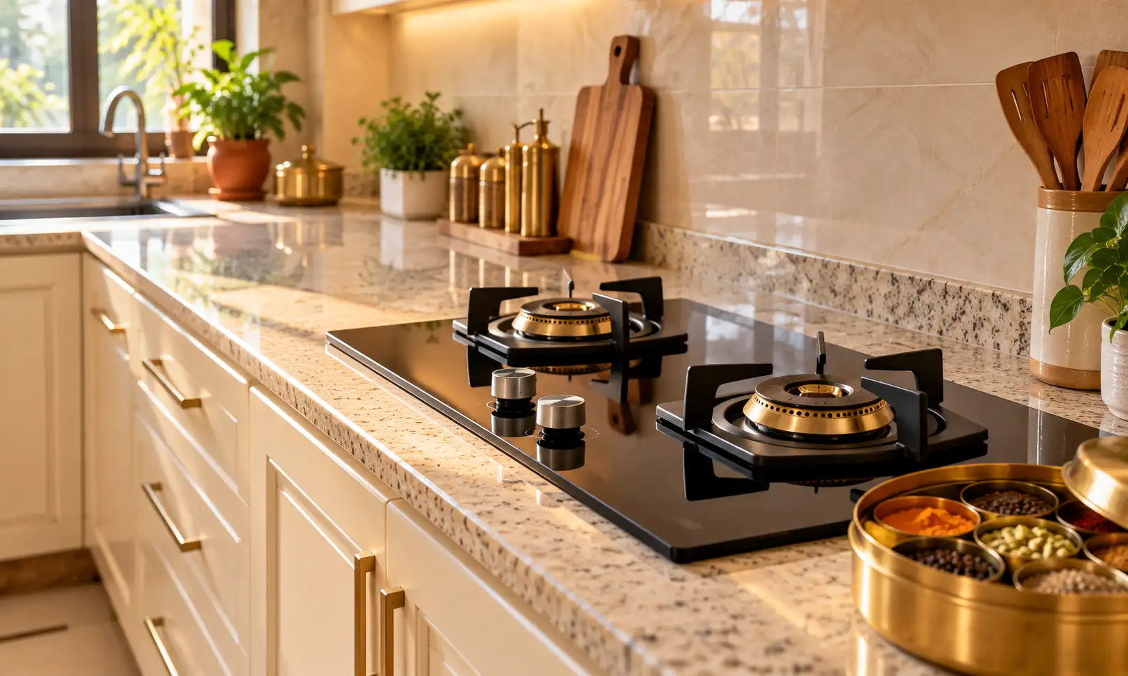 Gas stove direction in kitchen vastu — a two-burner hob set into a cream granite platform