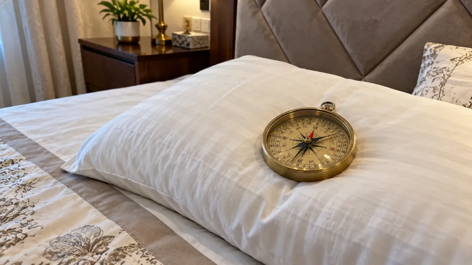 Head direction while sleeping as per Vastu — brass compass on a pillow to check the direction
